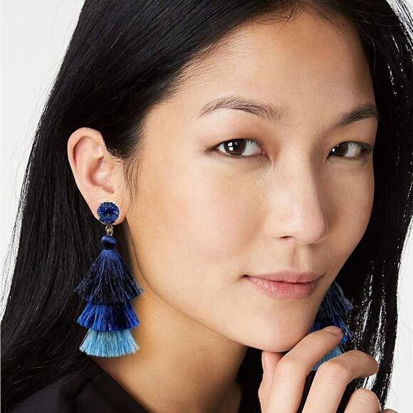 14K Yellow Gold with Blue Ombre Silk Thread Tassel and Quartz Druzy Earrings - Picture 5 of 8